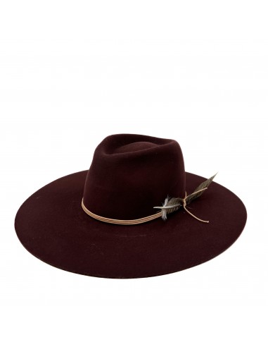 Montana fedora in burgundy with wrapped leather and feather chez Cornerstreet bien 