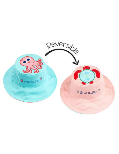 Reversible Baby & Kids Sun Hat - Pink Octopus & Sea Turtle Les êtres humains sont 